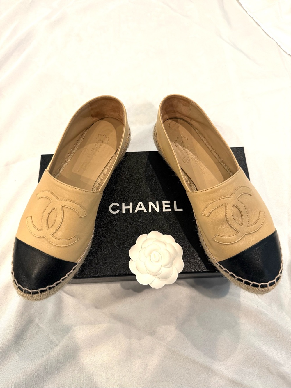 Chanel Beige and Black Espadrille Flats - Sz. 39